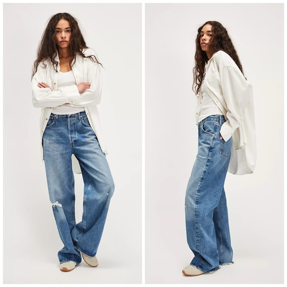 Citizens Of Humanity High-Rise Wide-Leg Distressed Blue Jeans